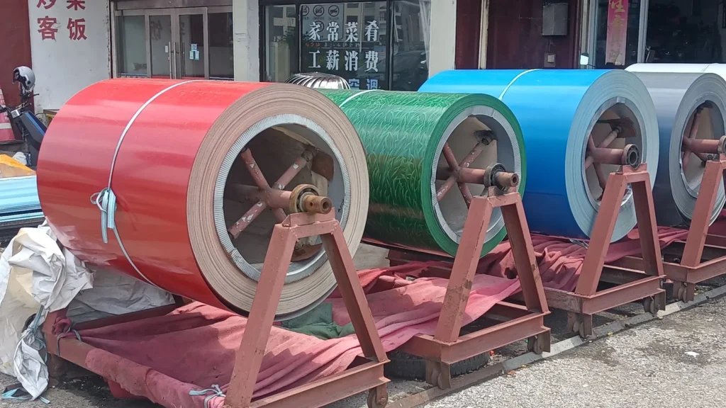Bobinas de acero de colores sobre soportes en el patio de una industria
