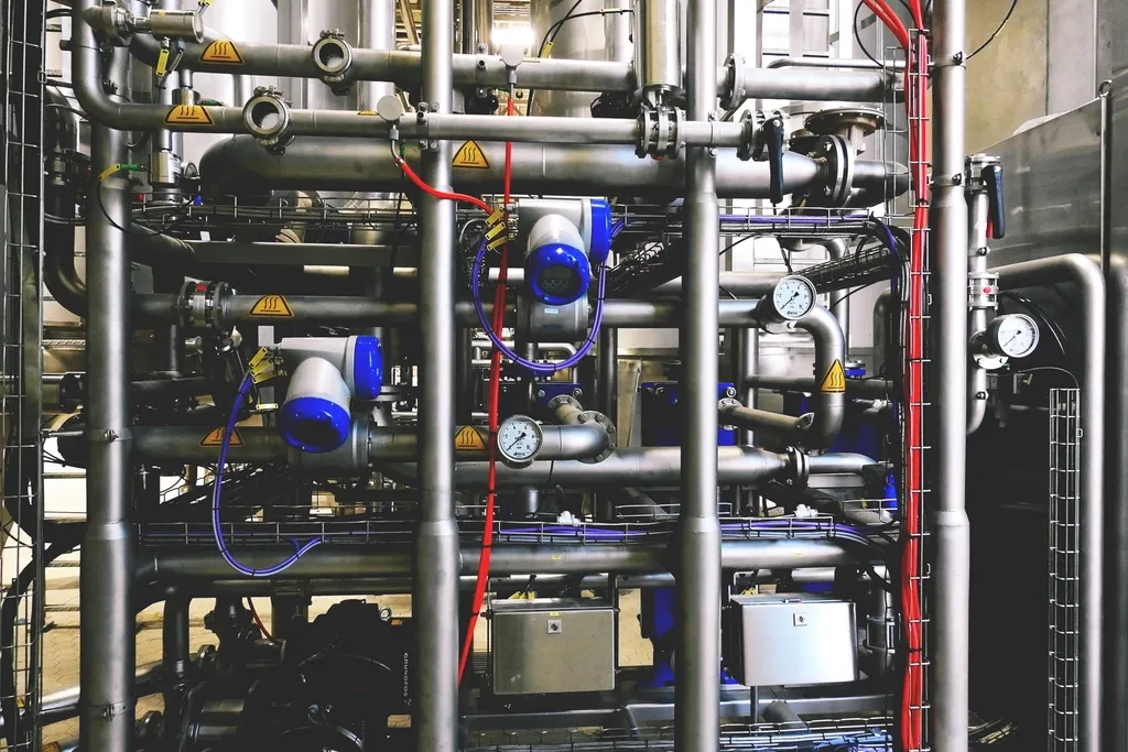 Tubulações e máquinas em uma planta industrial